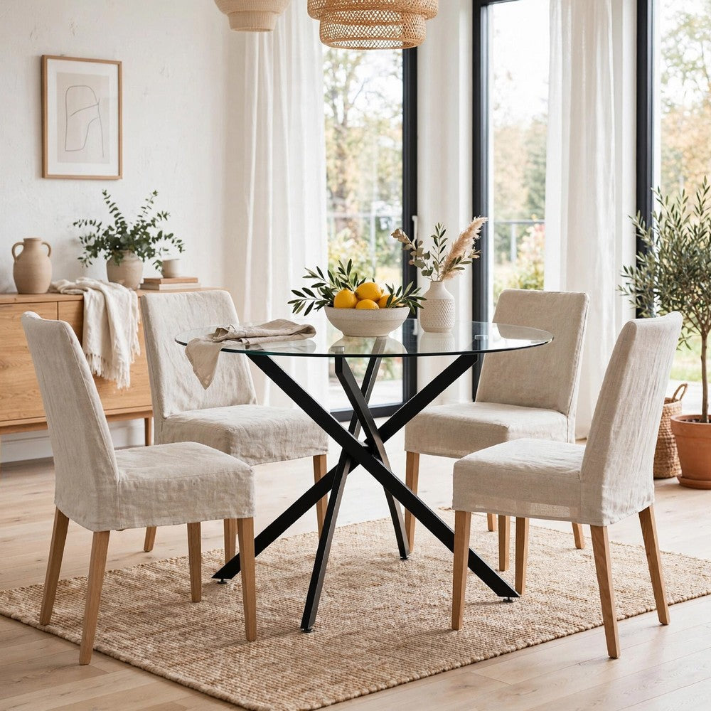 Pheri Dining Table | Glass Round Top | Intricate Legs | Dark Gray 42"