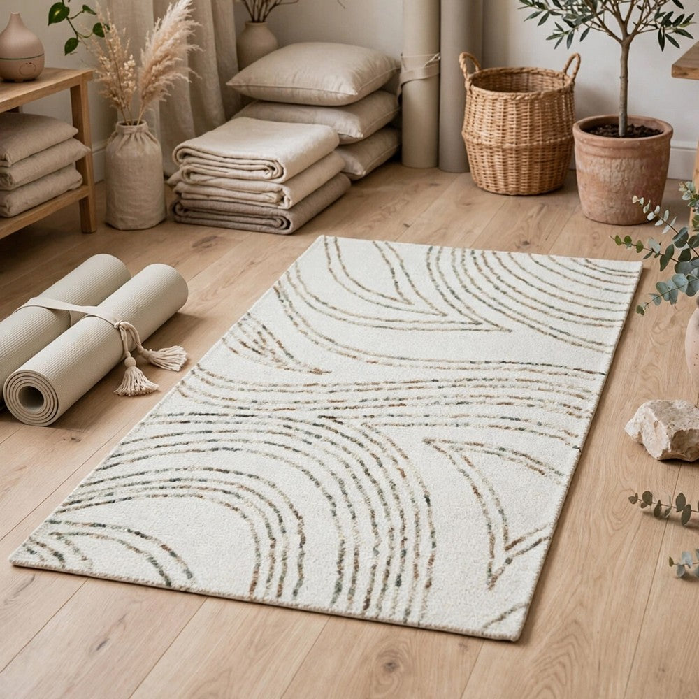 Delma 5x7 Medium Area Rug | Flowing Abstract Pattern | Green & Ivory Wool