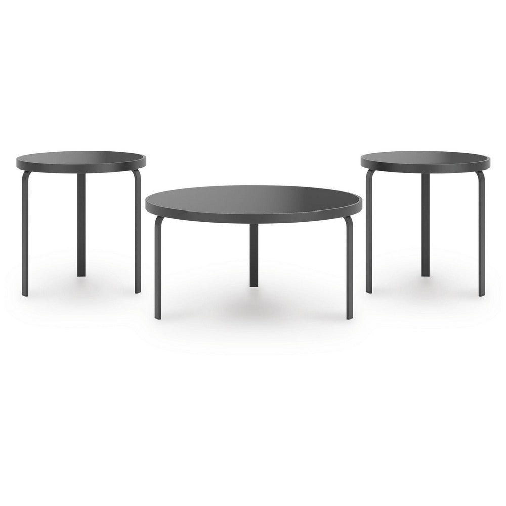 Dori 3pc Coffee Table & 2 End Table Set | Round Glass Top | Matte Black