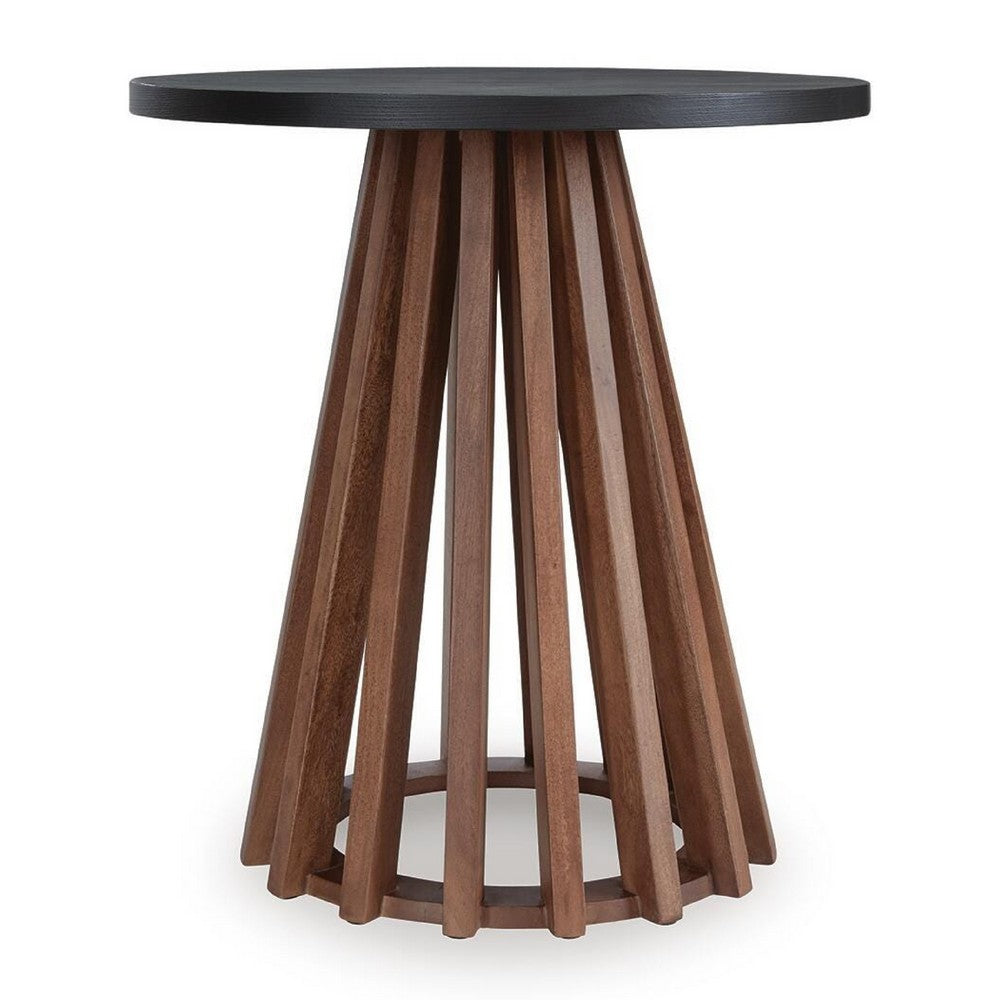 Kely Round Side End Table | Conical Slatted Base | Black & Brown 25"