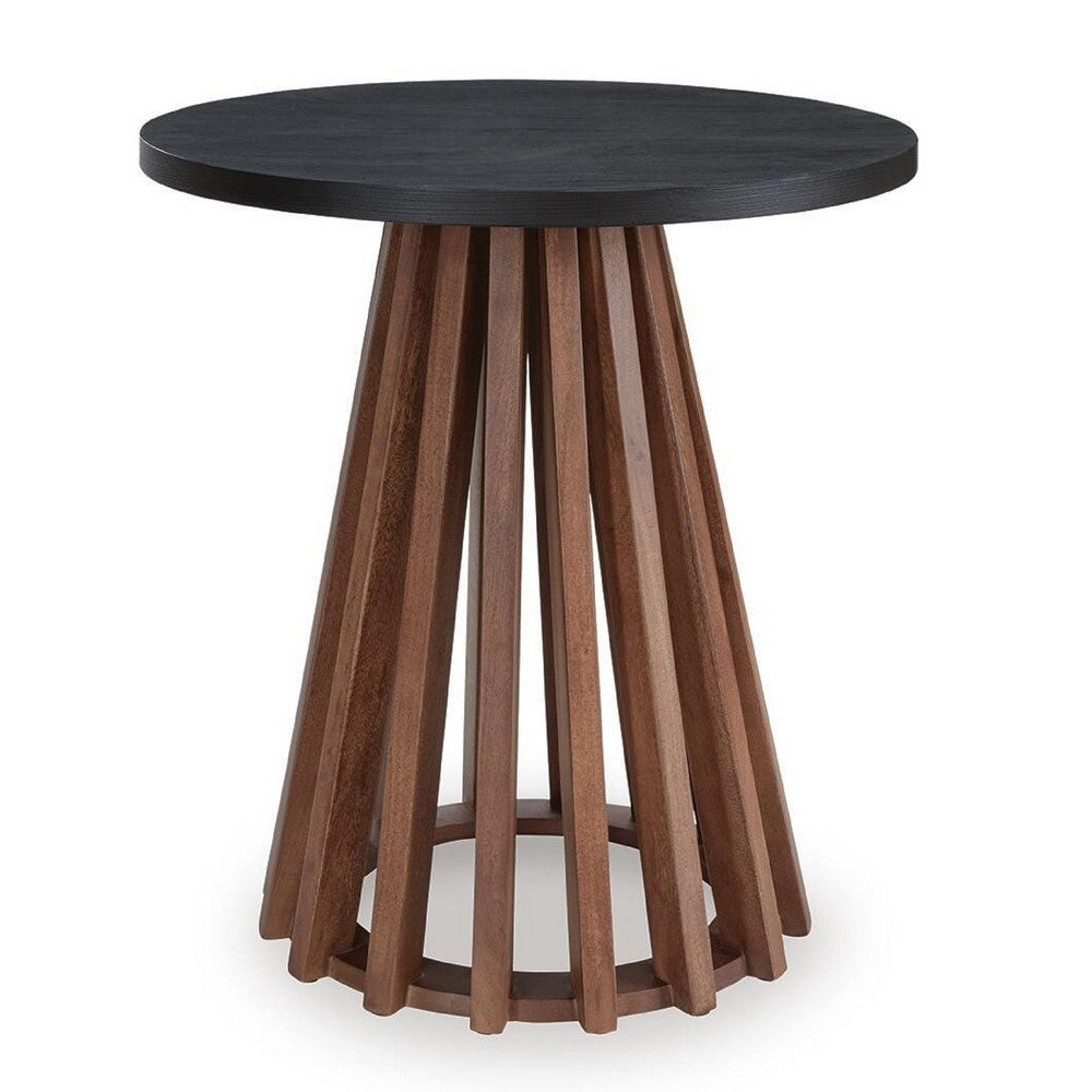 Kely Round Side End Table | Conical Slatted Base | Black & Brown 25"