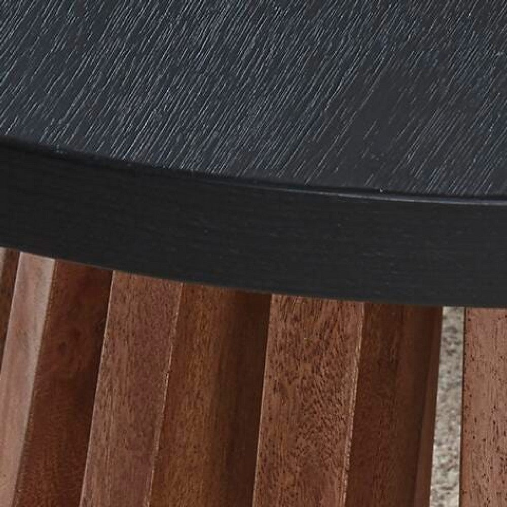 Kely Round Side End Table | Conical Slatted Base | Black & Brown 25"