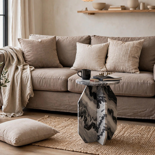 Wira Accent Table | Round Top | Sculptural Base | White Black Marble 23"