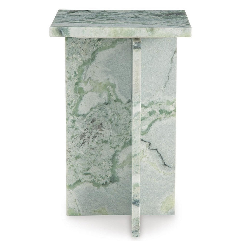 Delo Square Accent Table | Cross Panel Base | White | Green Marble 22"