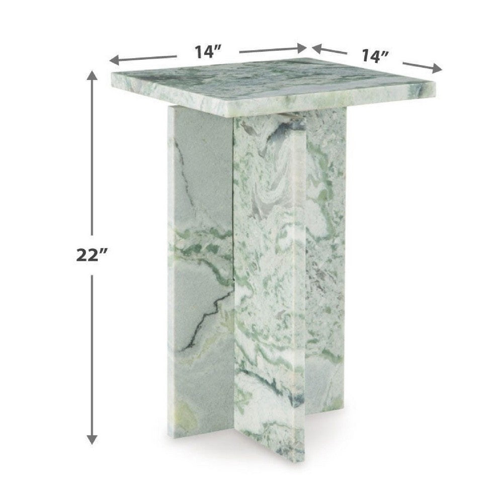 Delo Square Accent Table | Cross Panel Base | White | Green Marble 22"