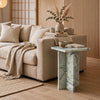 Delo Square Accent Table | Cross Panel Base | White | Green Marble 22"