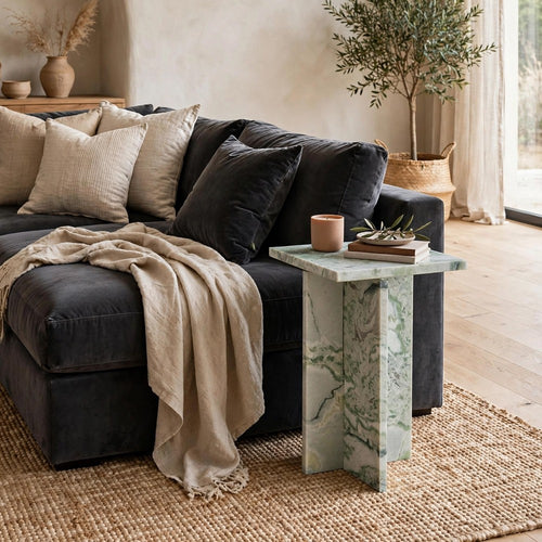 Delo Square Accent Table | Cross Panel Base | White | Green Marble 22"