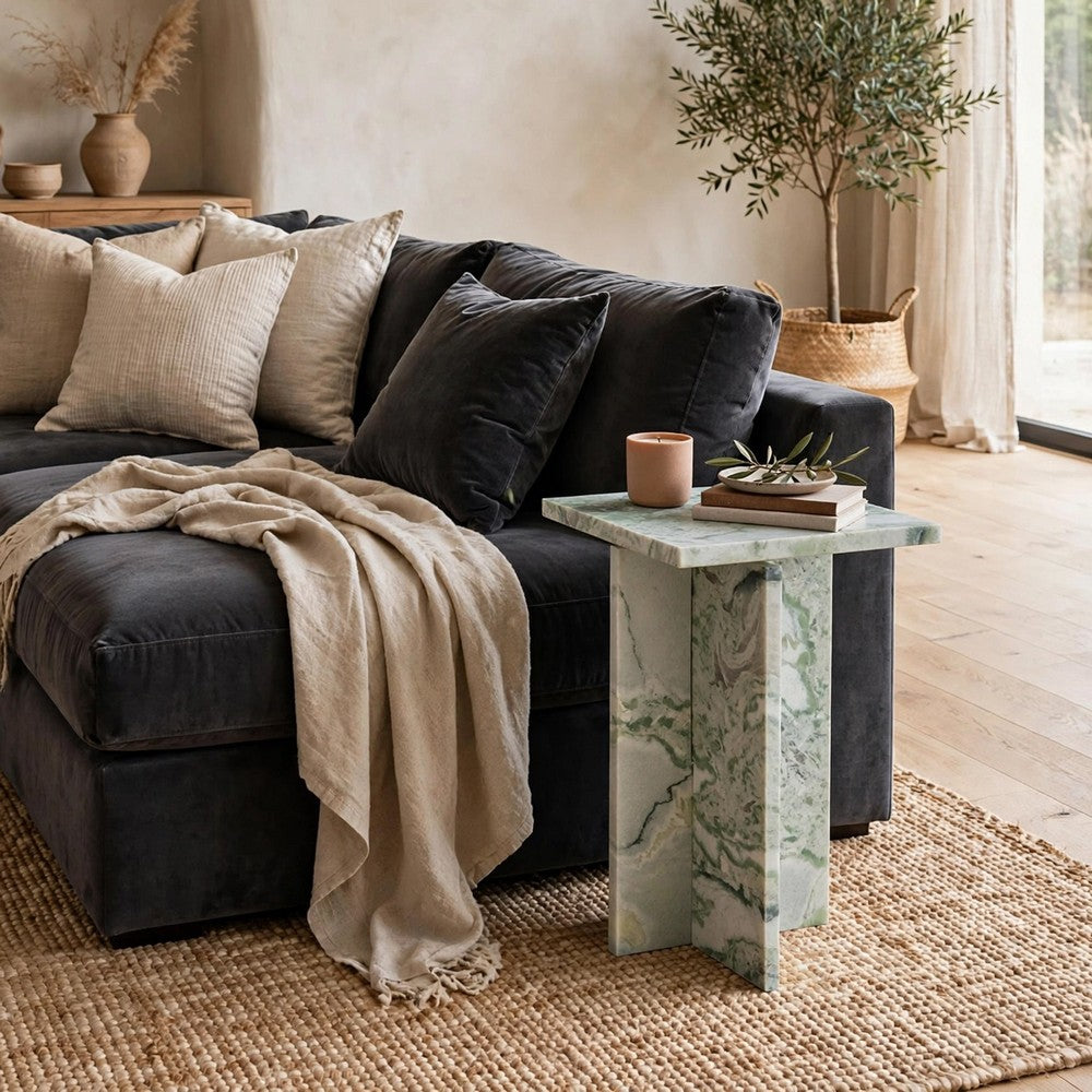 Delo Square Accent Table | Cross Panel Base | White | Green Marble 22"