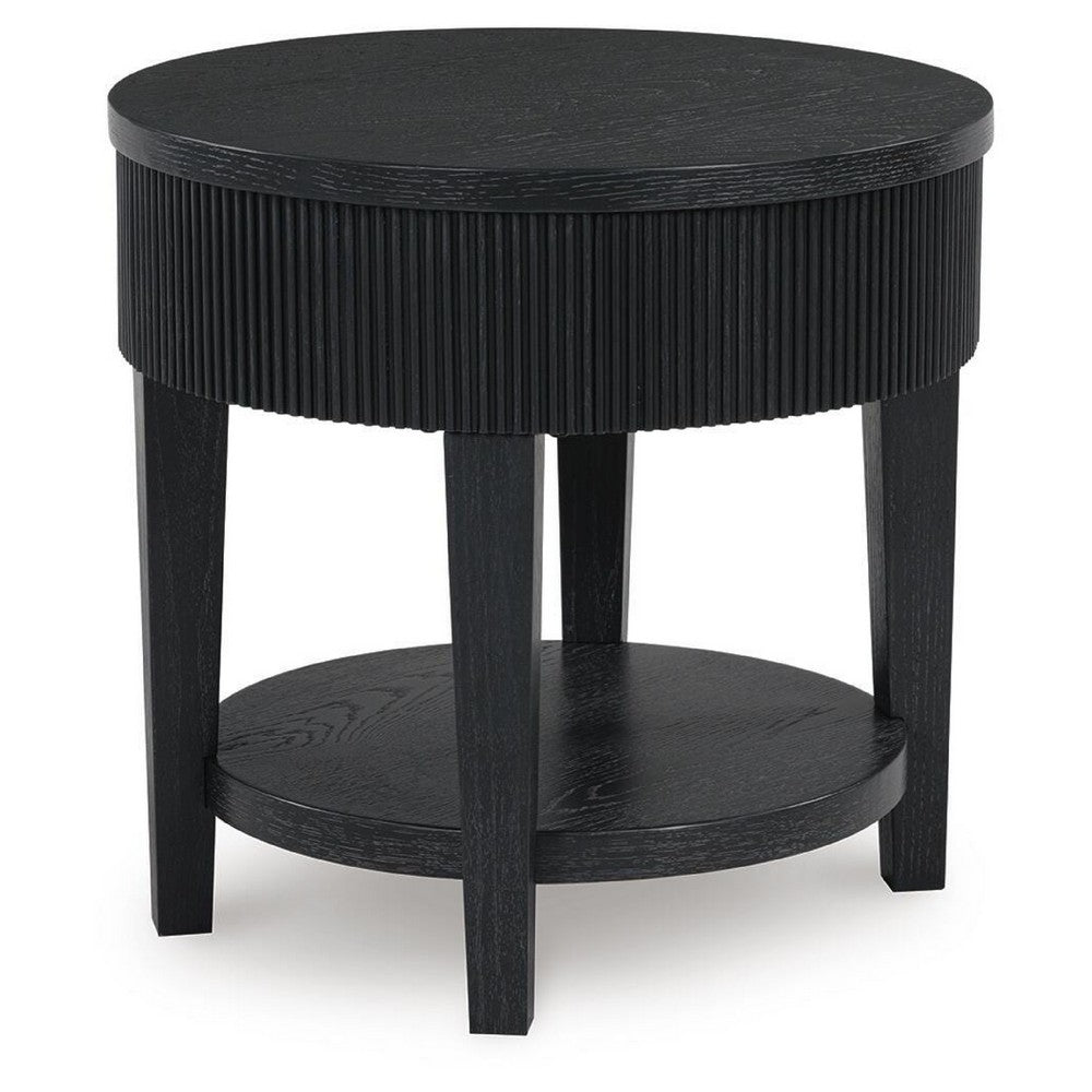 Mero Round Side End Table | Reeded Apron w Drawer | Charcoal Black 24"