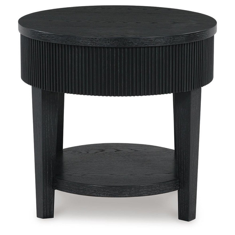 Mero Round Side End Table | Reeded Apron w Drawer | Charcoal Black 24"