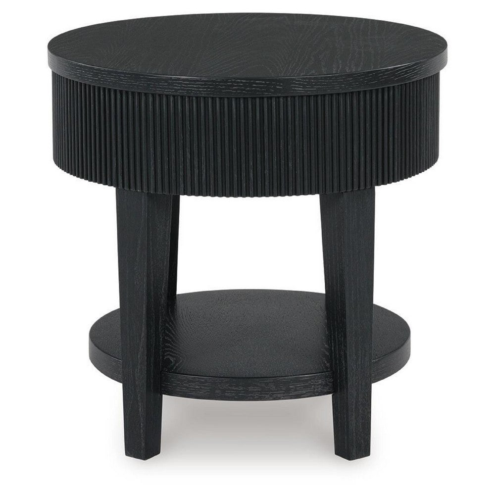 Mero Round Side End Table | Reeded Apron w Drawer | Charcoal Black 24"
