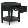 Mero Round Side End Table | Reeded Apron w Drawer | Charcoal Black 24"