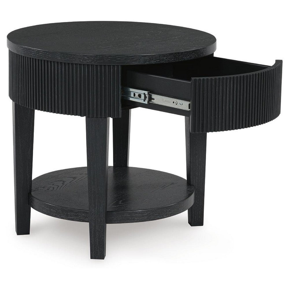 Mero Round Side End Table | Reeded Apron w Drawer | Charcoal Black 24"