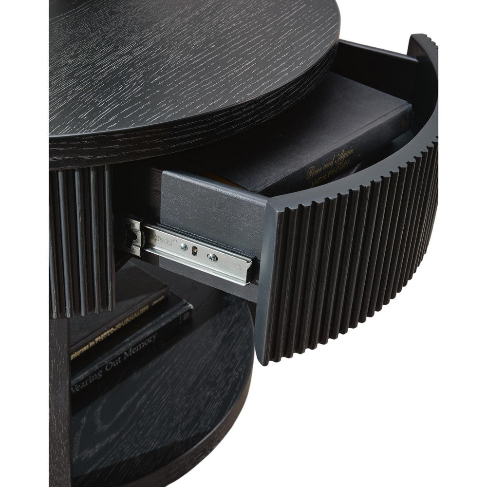 Mero Round Side End Table | Reeded Apron w Drawer | Charcoal Black 24"