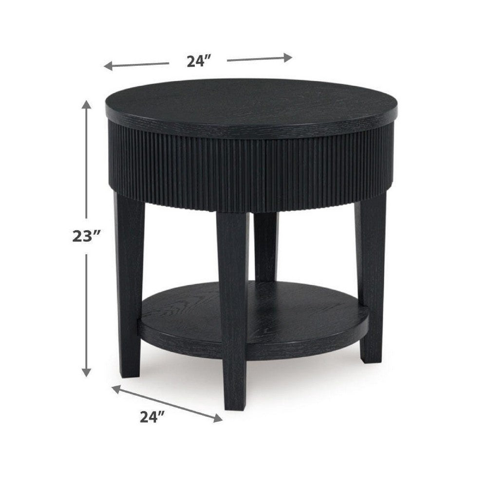 Mero Round Side End Table | Reeded Apron w Drawer | Charcoal Black 24"
