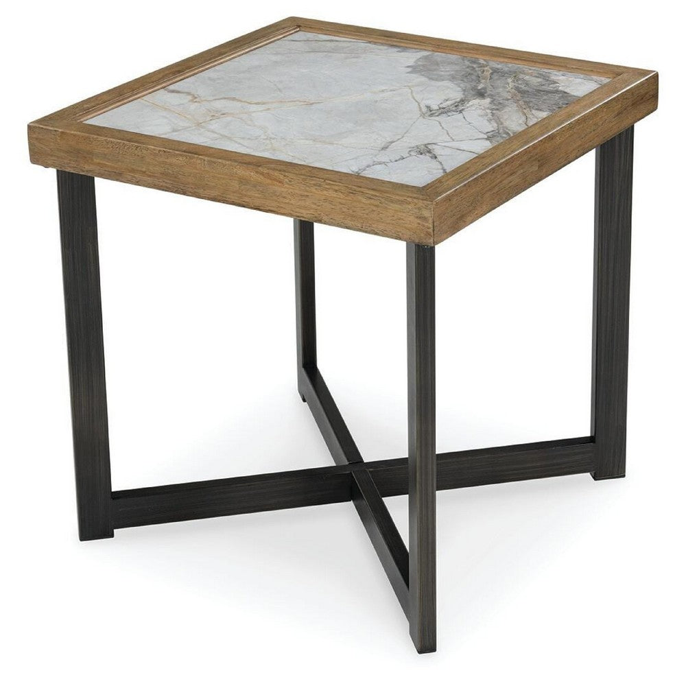 Tey Side End Table | 25" Square | Sintered Stone Inlay | Brown | Black