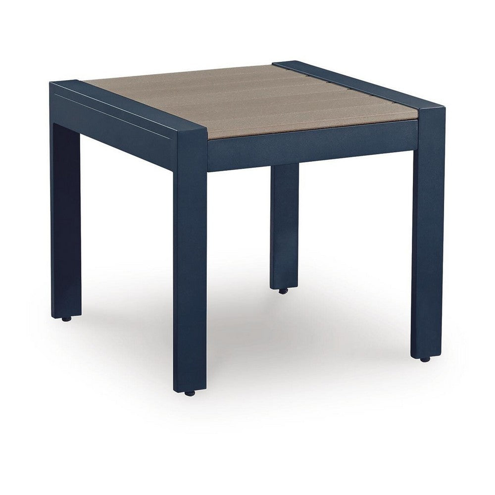 Eina Outdoor Square End Table | Wood-Look Brown HDPE | Blue Aluminum 24"