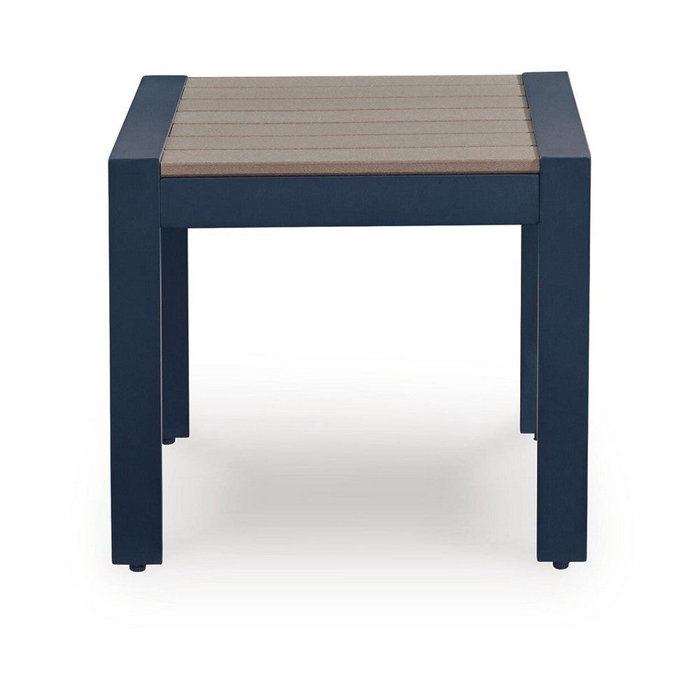 Eina Outdoor Square End Table | Wood-Look Brown HDPE | Blue Aluminum 24"