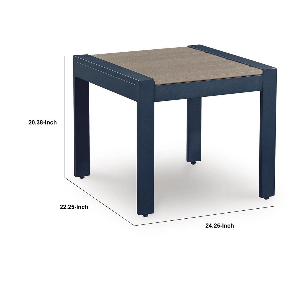 Eina Outdoor Square End Table | Wood-Look Brown HDPE | Blue Aluminum 24"