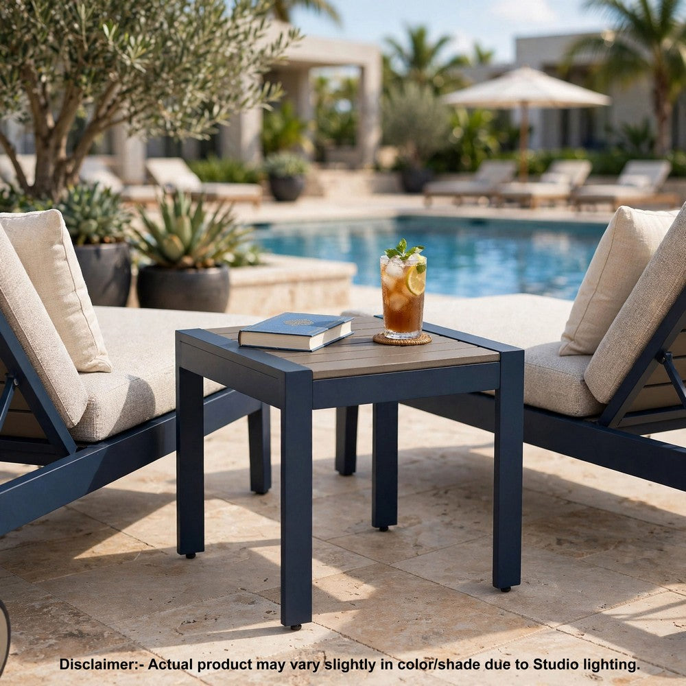 Eina Outdoor Square End Table | Wood-Look Brown HDPE | Blue Aluminum 24"