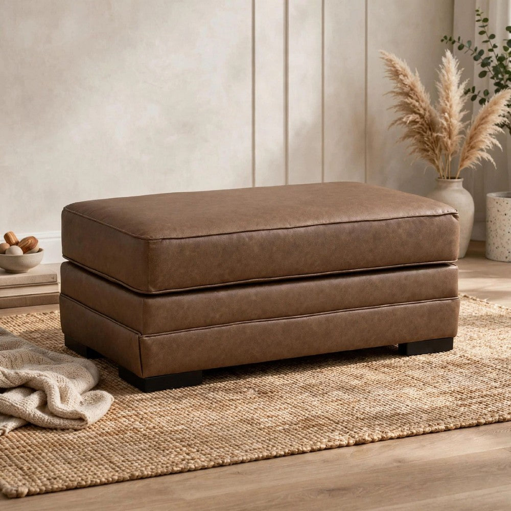 Vile Oversized Ottoman Bench | Caramel Brown Faux Leather | Black 44"