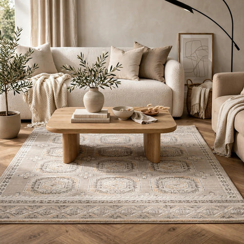 Baku 5x7 Medium Area Rug | Medallion Motif | Ivory Polypropylene Polyester