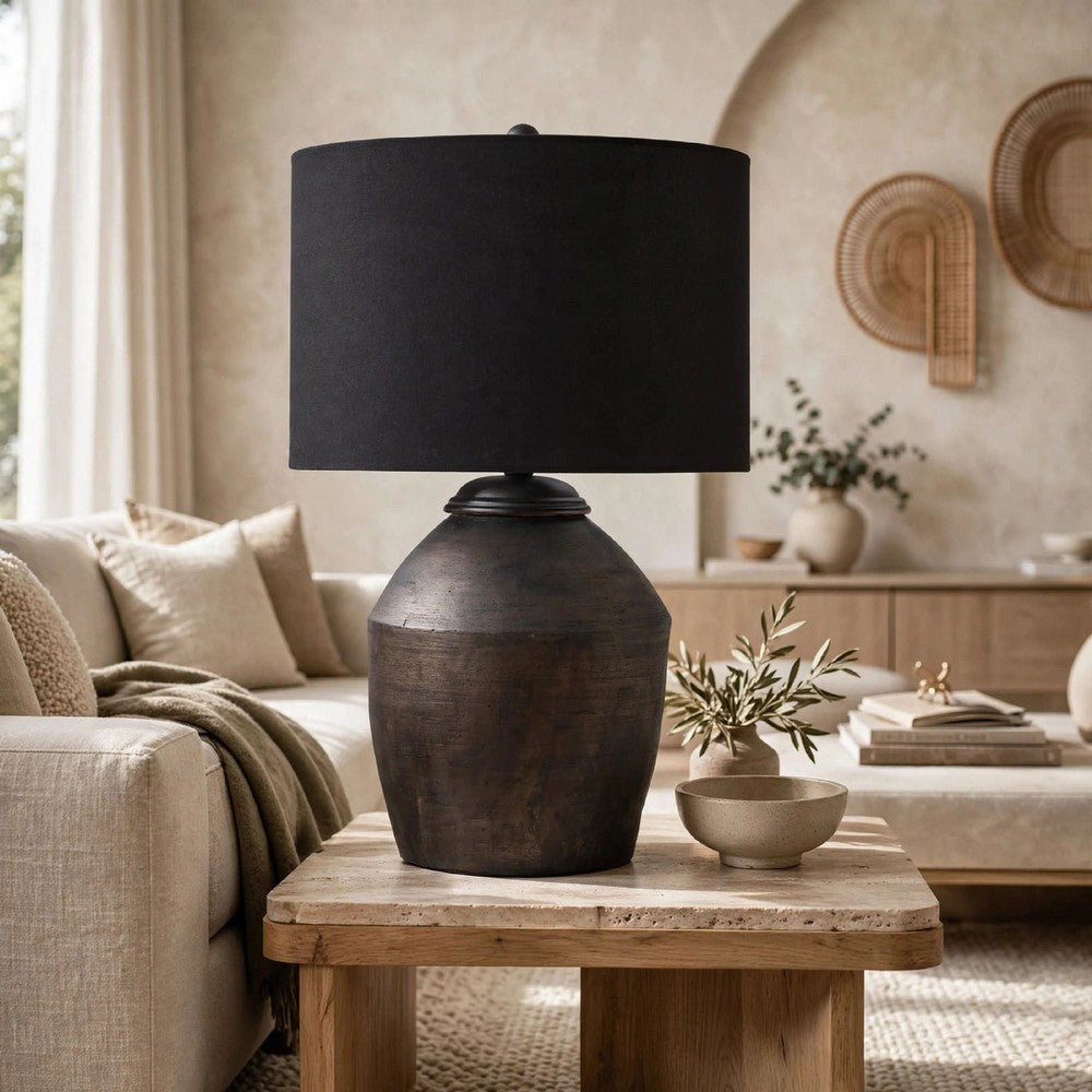 Kaya Table Lamp | Drum Fabric Shade | Metallic Black Terracotta Base | 26"
