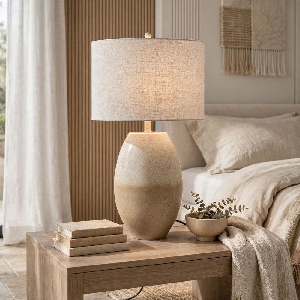 Jaya Table Lamp | Drum Hardback Shade | Cream & Beige Base | 28"