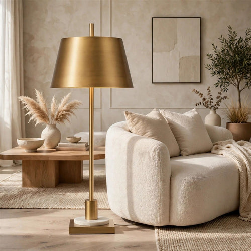 Feya Table Lamp | White Marble Base | Gold Metal Empire Shade | 32"