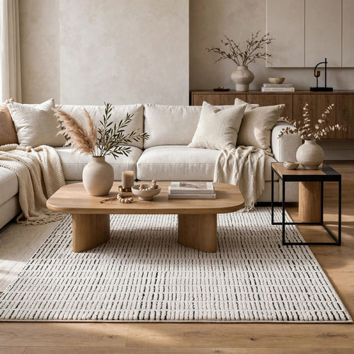 Turo Striped Medium Area Rug | 16mm Pile | Ivory & Black Polyester 5x7
