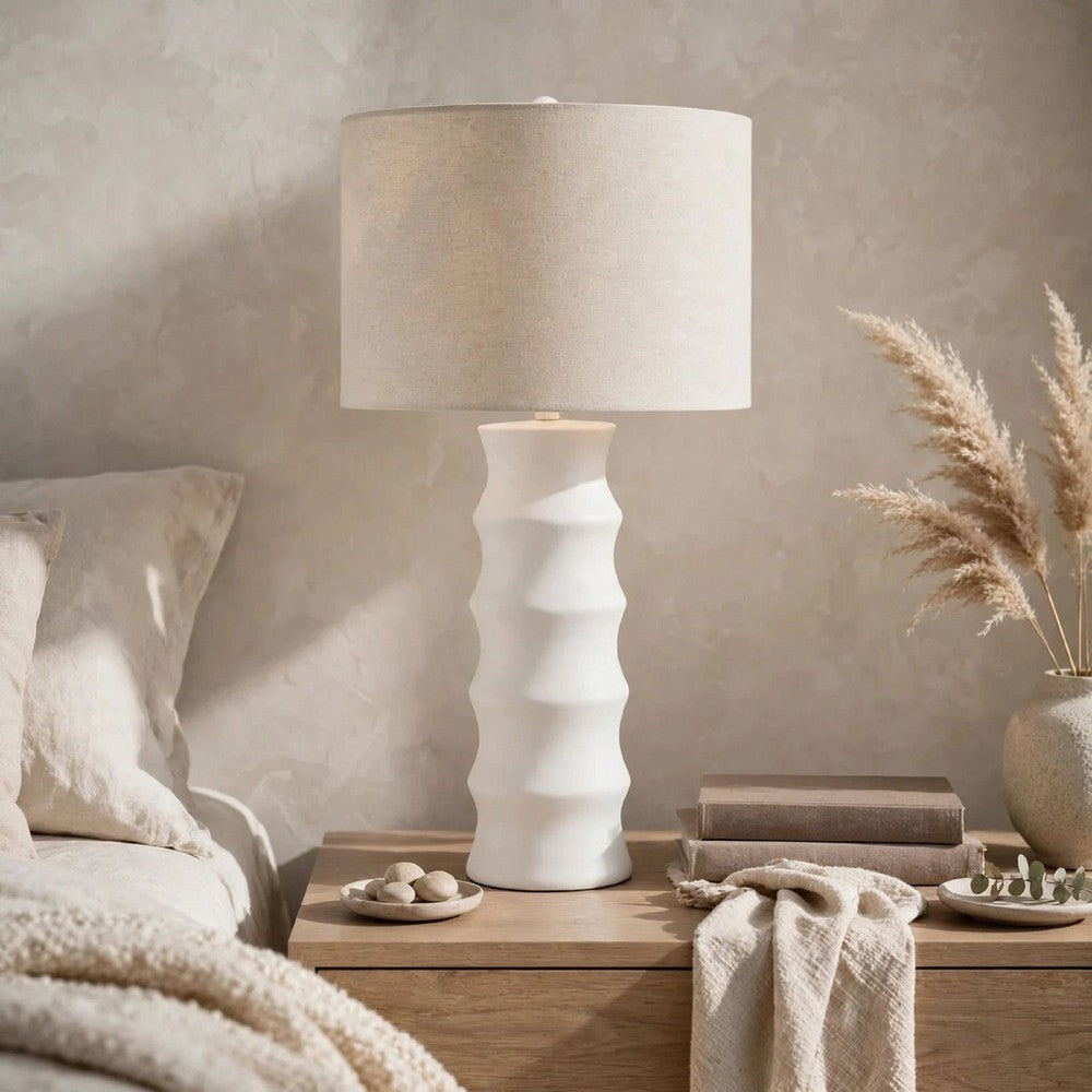 Vala Table Lamp | Hardback Drum Shade | Scalloped Polyresin White 33"