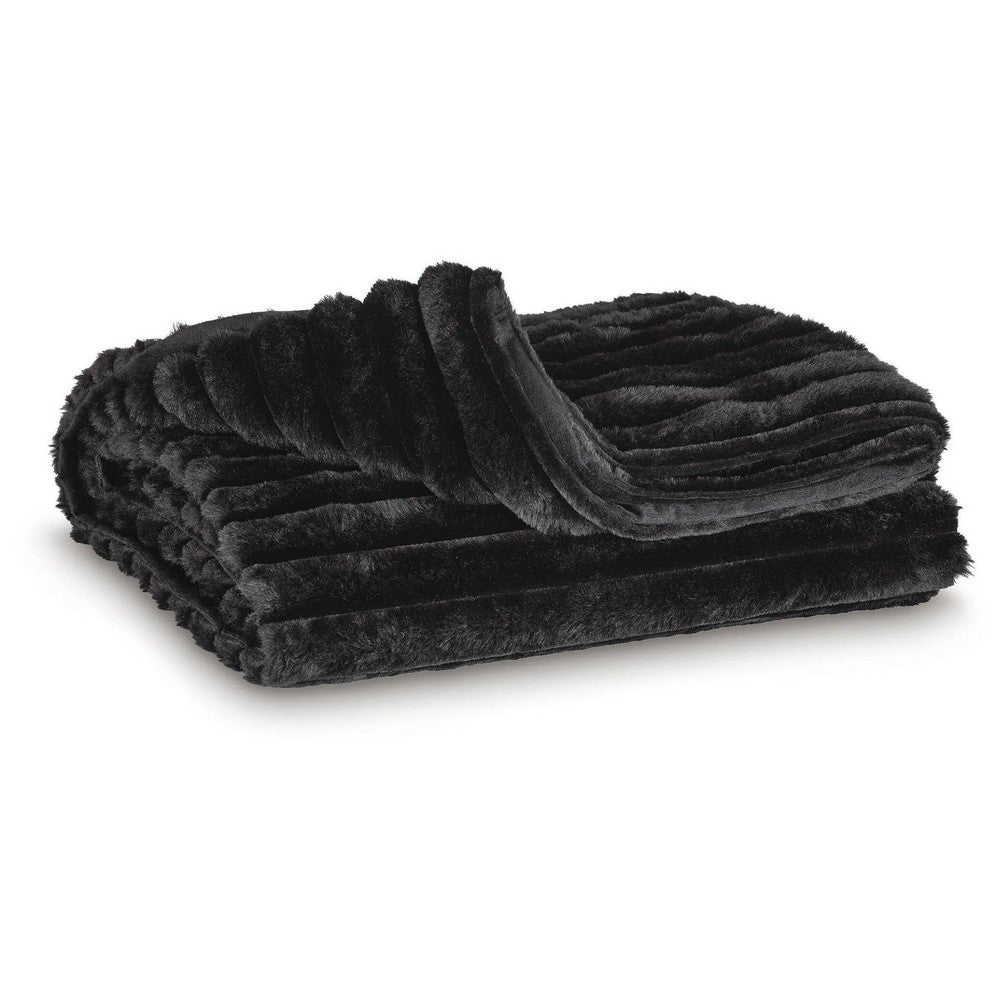 Visha Throw Blanket Set of 3 | Faux Fur Stripes | Reversible Black Polyester