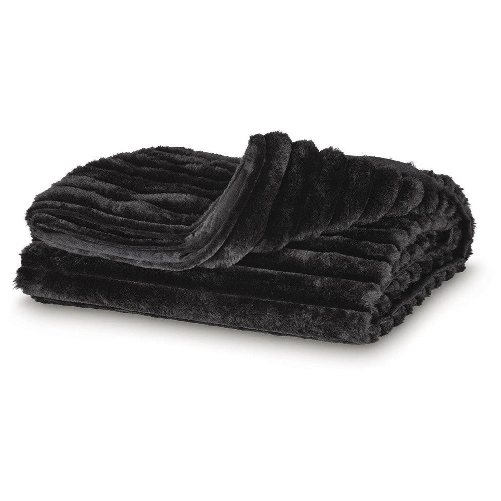Visha Throw Blanket Set of 3 | Faux Fur Stripes | Reversible Black Polyester