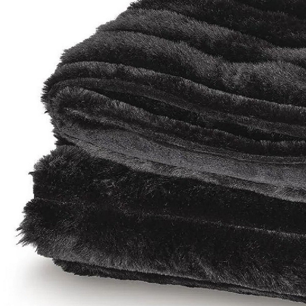 Visha Throw Blanket Set of 3 | Faux Fur Stripes | Reversible Black Polyester