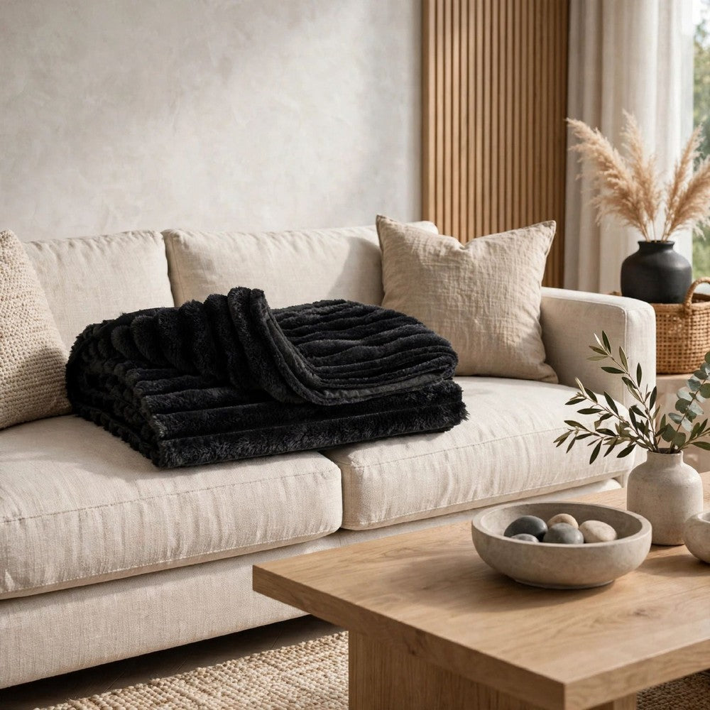 Visha Throw Blanket Set of 3 | Faux Fur Stripes | Reversible Black Polyester
