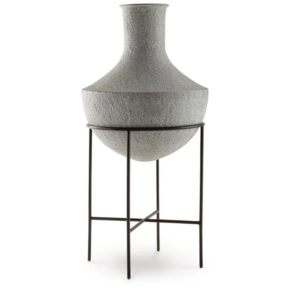 Esta Pottery Style Vase w Stand | Distressed Cream | Espresso Brown 29"