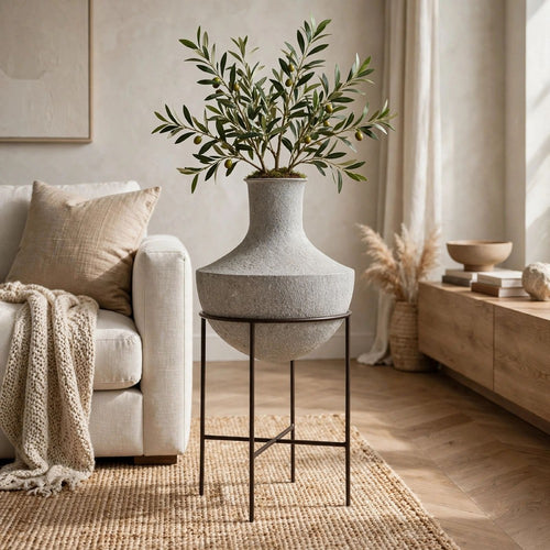 Esta Pottery Style Vase w Stand | Distressed Cream | Espresso Brown 29"