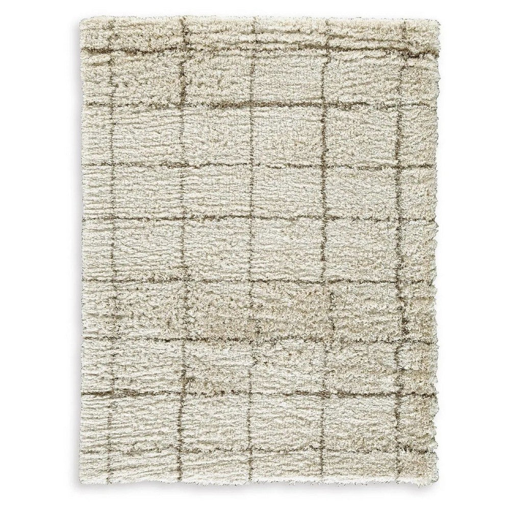 Wreno 5x7 Medium Area Rug | Plaid Pattern | 50mm Pile | Cream & Brown PET