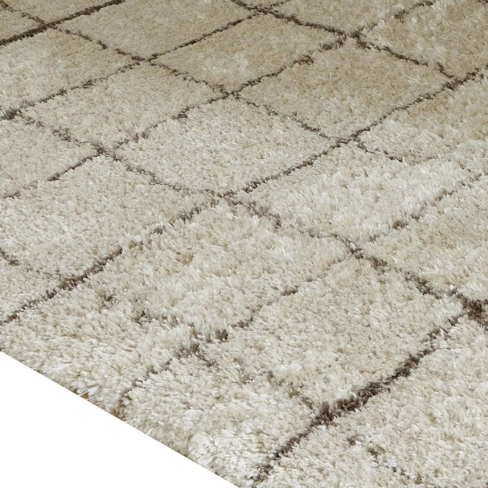 Wreno 5x7 Medium Area Rug | Plaid Pattern | 50mm Pile | Cream & Brown PET
