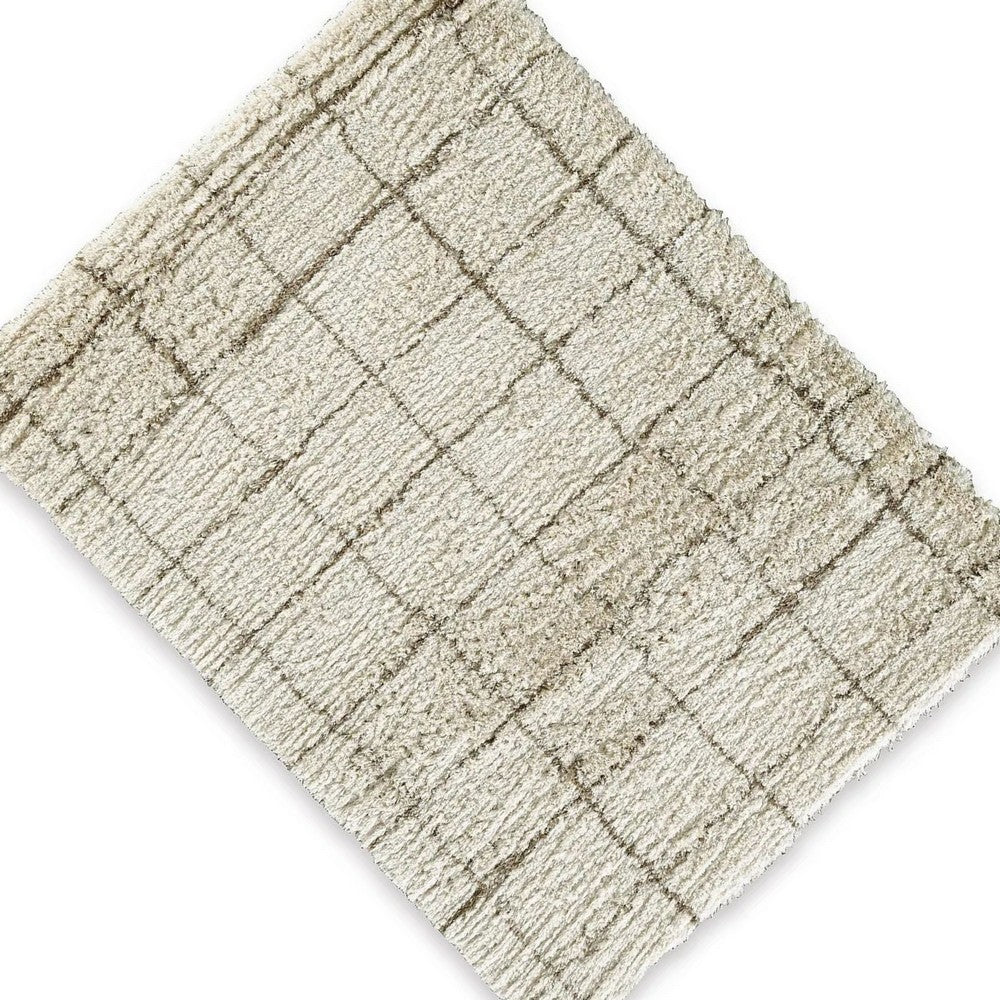 Wreno 5x7 Medium Area Rug | Plaid Pattern | 50mm Pile | Cream & Brown PET