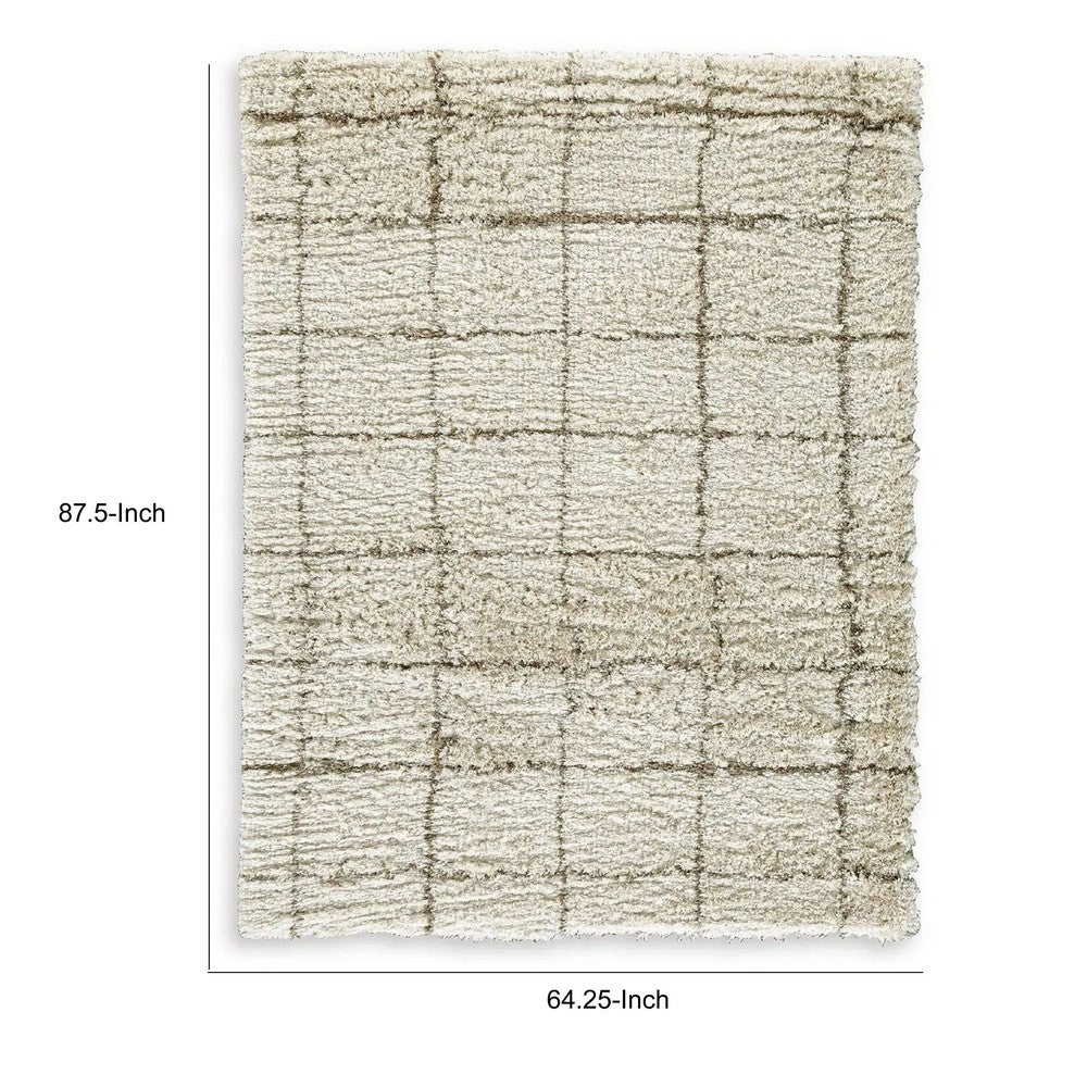 Wreno 5x7 Medium Area Rug | Plaid Pattern | 50mm Pile | Cream & Brown PET