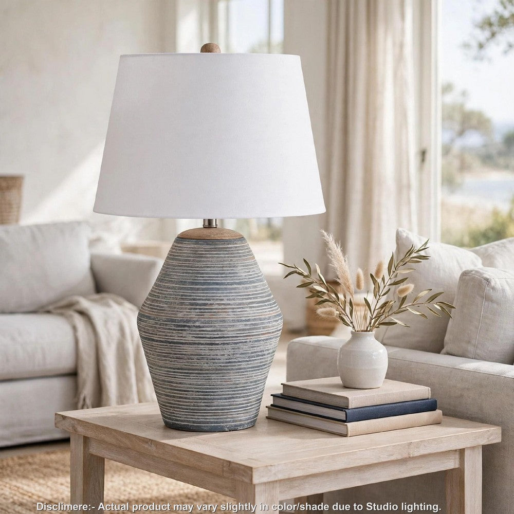 Lava Table Lamp | Vase Shape | Drum Shade | Blue and White Terracotta 29"