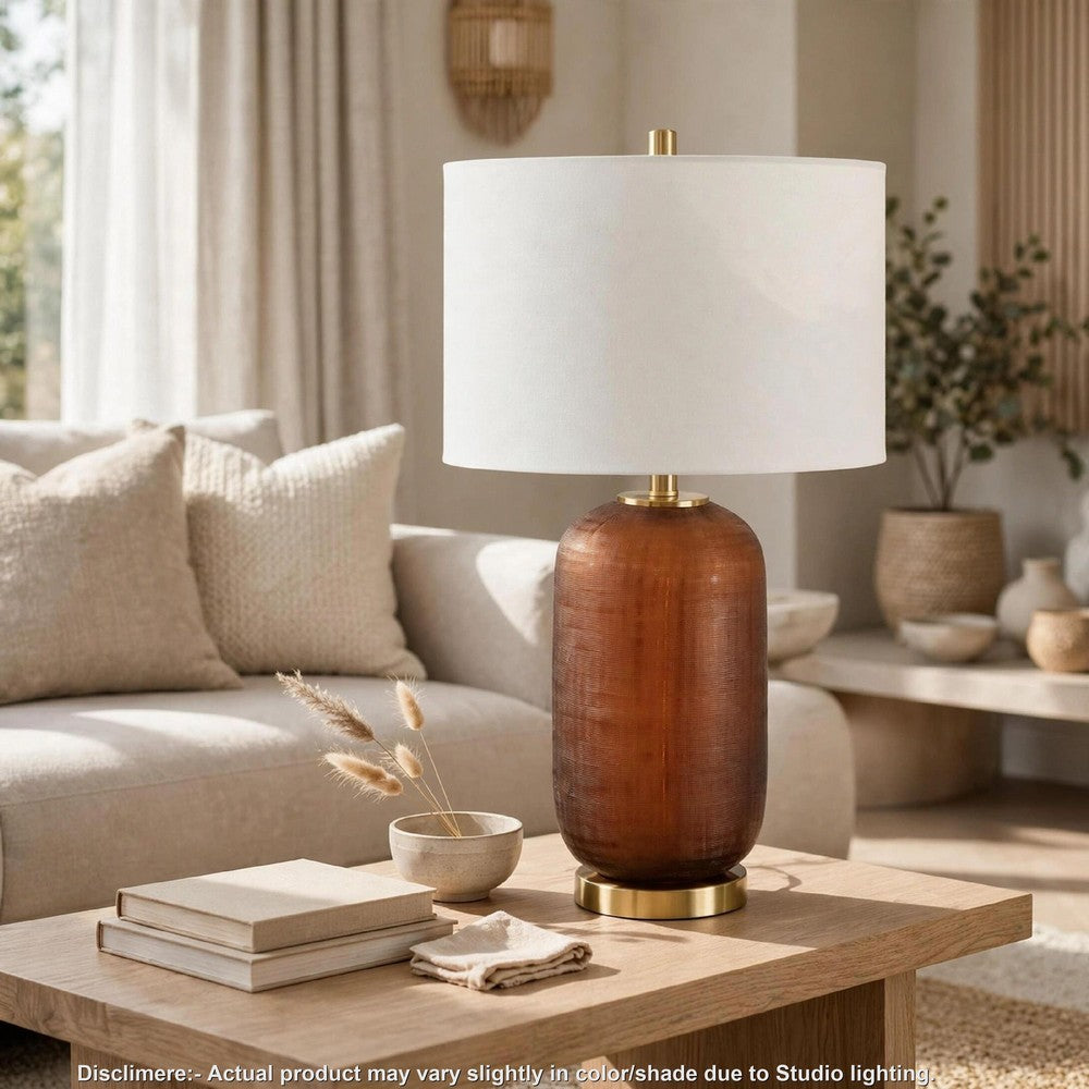 Arma Table Lamp | Carved Glass Body | Gold Base | Amber Brown | White 27"