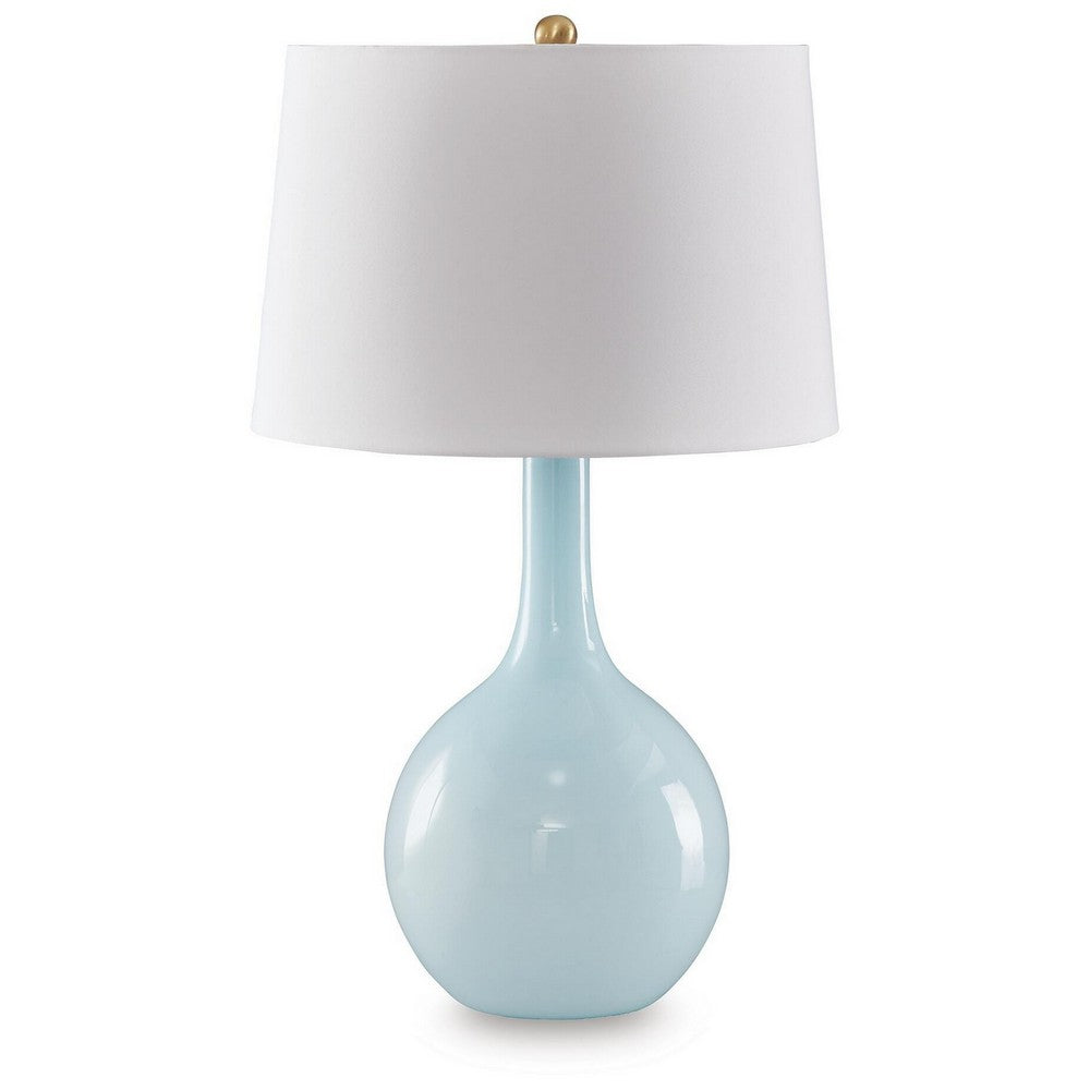 Yela Table Lamp | Bulbous Glass Body | White Drum Shade | Aqua Blue 29"
