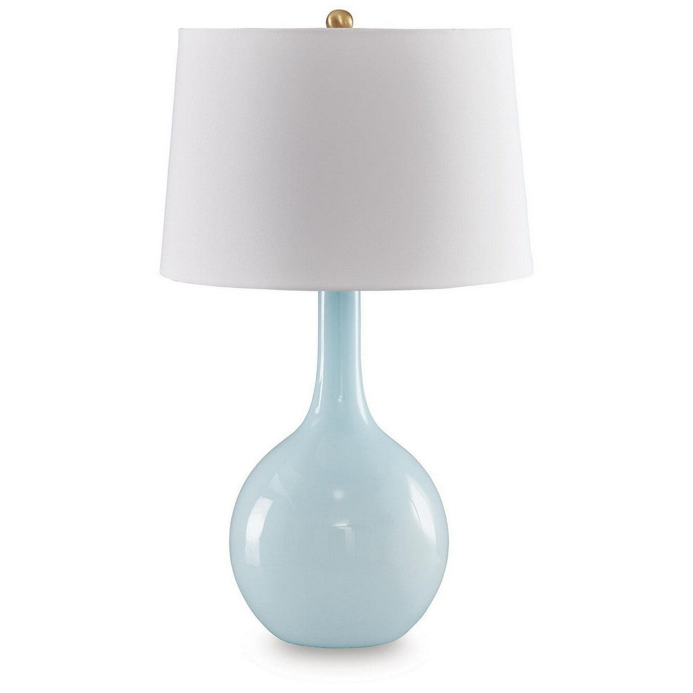 Yela Table Lamp | Bulbous Glass Body | White Drum Shade | Aqua Blue 29"