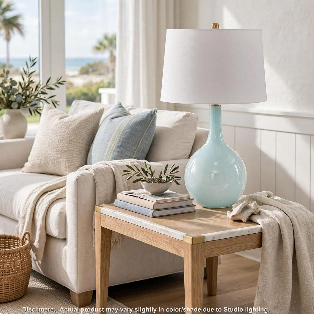 Yela Table Lamp | Bulbous Glass Body | White Drum Shade | Aqua Blue 29"