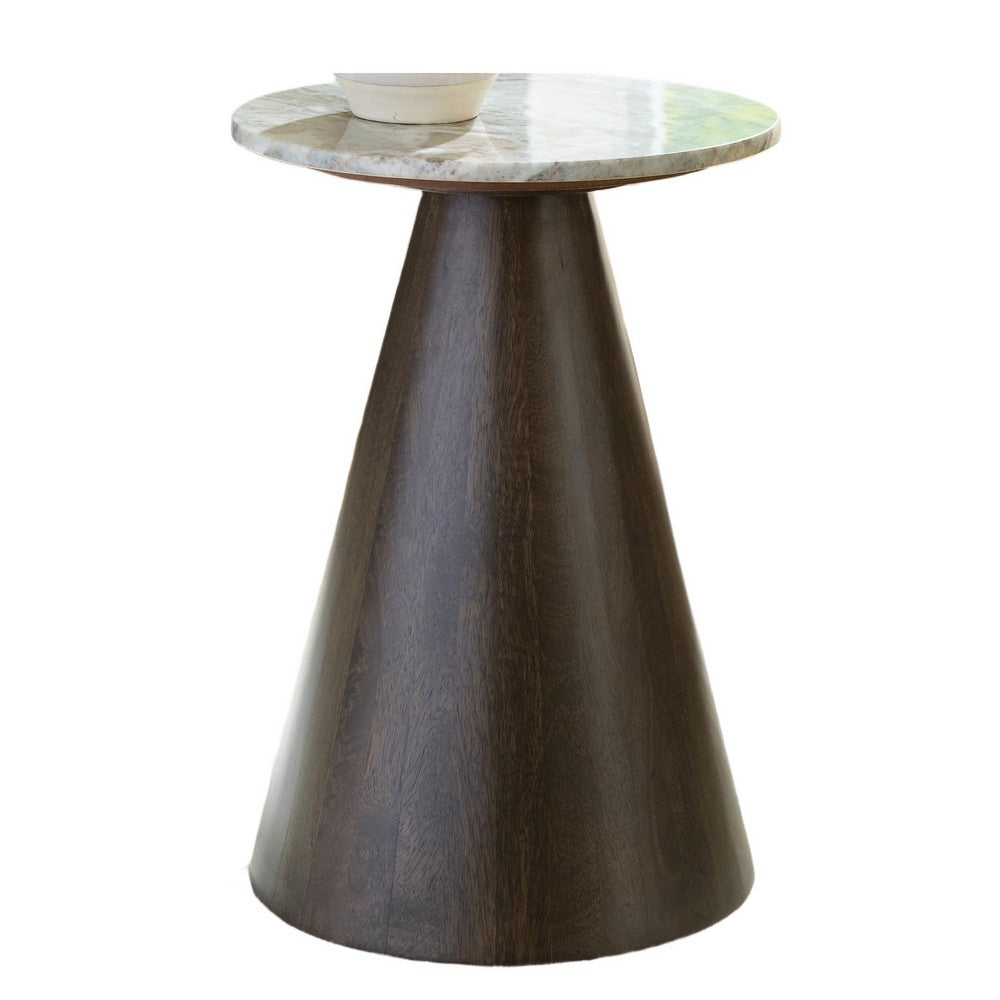 Nori Accent Table | Round Marble Top | Conical Wood Base | Brown 21"