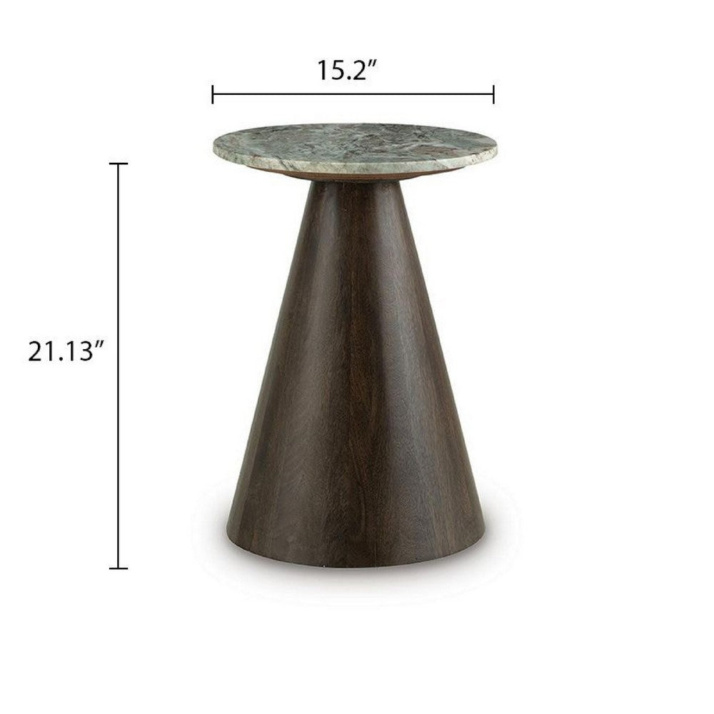 Nori Accent Table | Round Marble Top | Conical Wood Base | Brown 21"