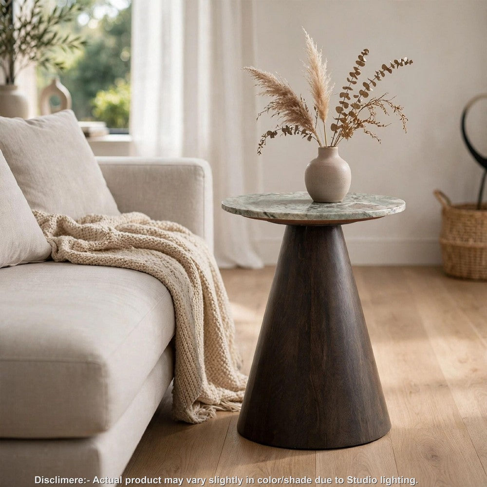 Nori Accent Table | Round Marble Top | Conical Wood Base | Brown 21"