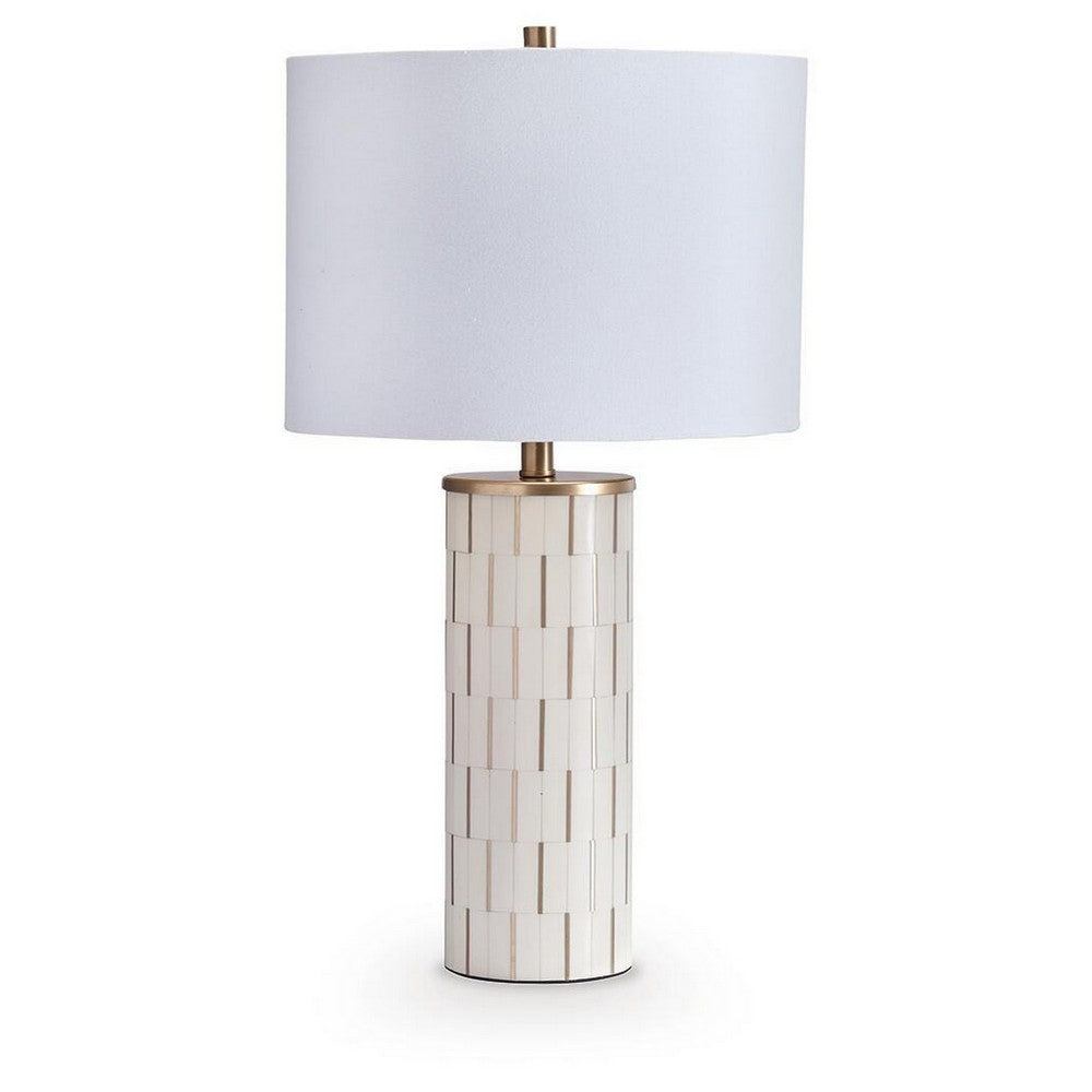 Fara Table Lamp | Cylindrical Base | Mosaic Pattern | White | Brass 29"